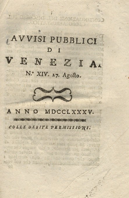 AVVISI pubblici di Venezia. N. XIV. 27 agosto. Anno MDCCLXXXV.