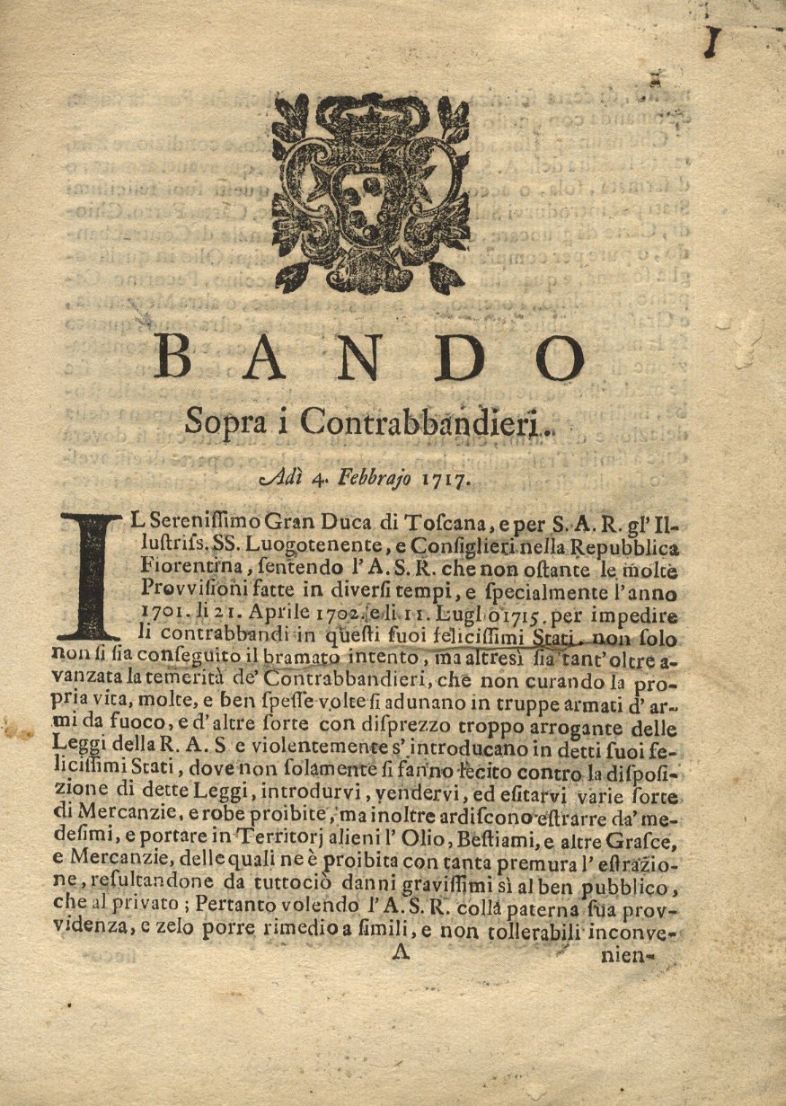 BANDO sopra i contrabbandieri. A dì 4 febbrajo 1717. | Immagine principale