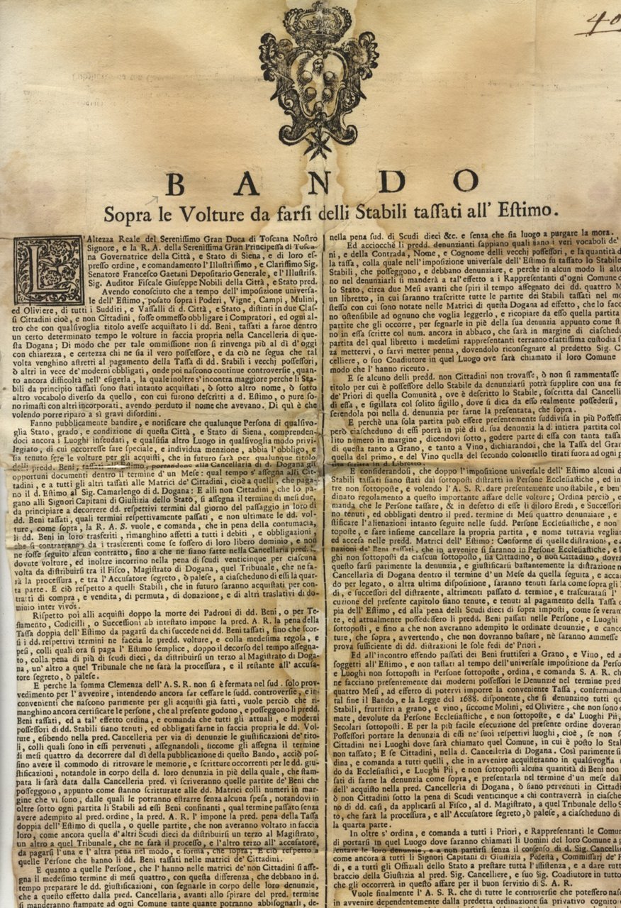 Bando sopra le volture da farsi delli stabili tassati all'Estimo. …