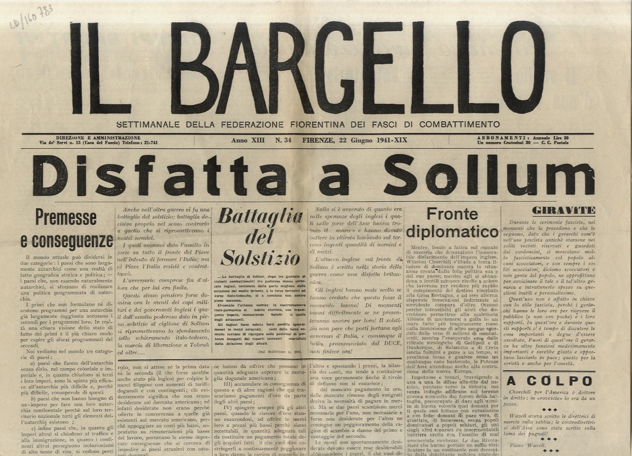 BARGELLO (IL). Settimanale della Federazione Fiorentina dei Fasci di Combattimento. …