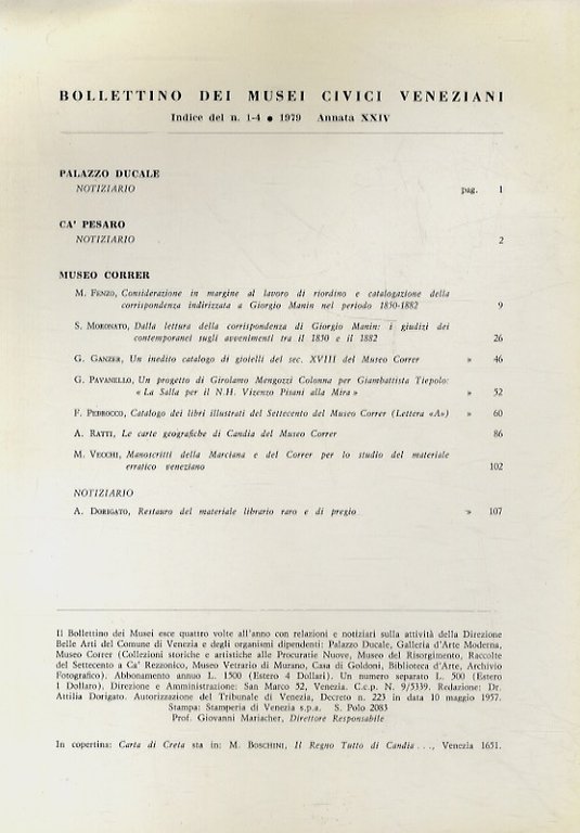 BOLLETTINO dei Musei Civici Veneziani. Annata XXIV. 1979. N. 1/4.
