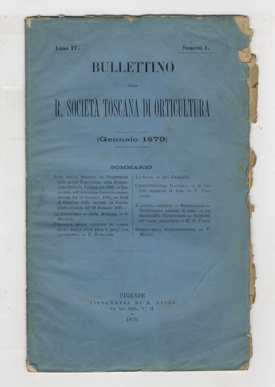 BOLLETTINO della R. Società Toscana di Orticoltura. Anno IV. 1879. fascicoli 1-12. [Annata completa].