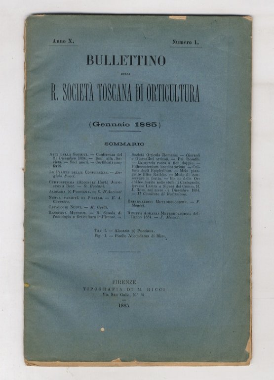 BOLLETTINO della R. Società Toscana di Orticoltura. Anno X. 1885. fascicoli 1-12. [Annata completa].