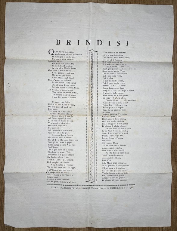 BRINDISI. Qual soleva Anacreonte / voglio ornarmi anch'io la fronte / di vermiglie e fresche rose / per cantar rime amorose [.].
