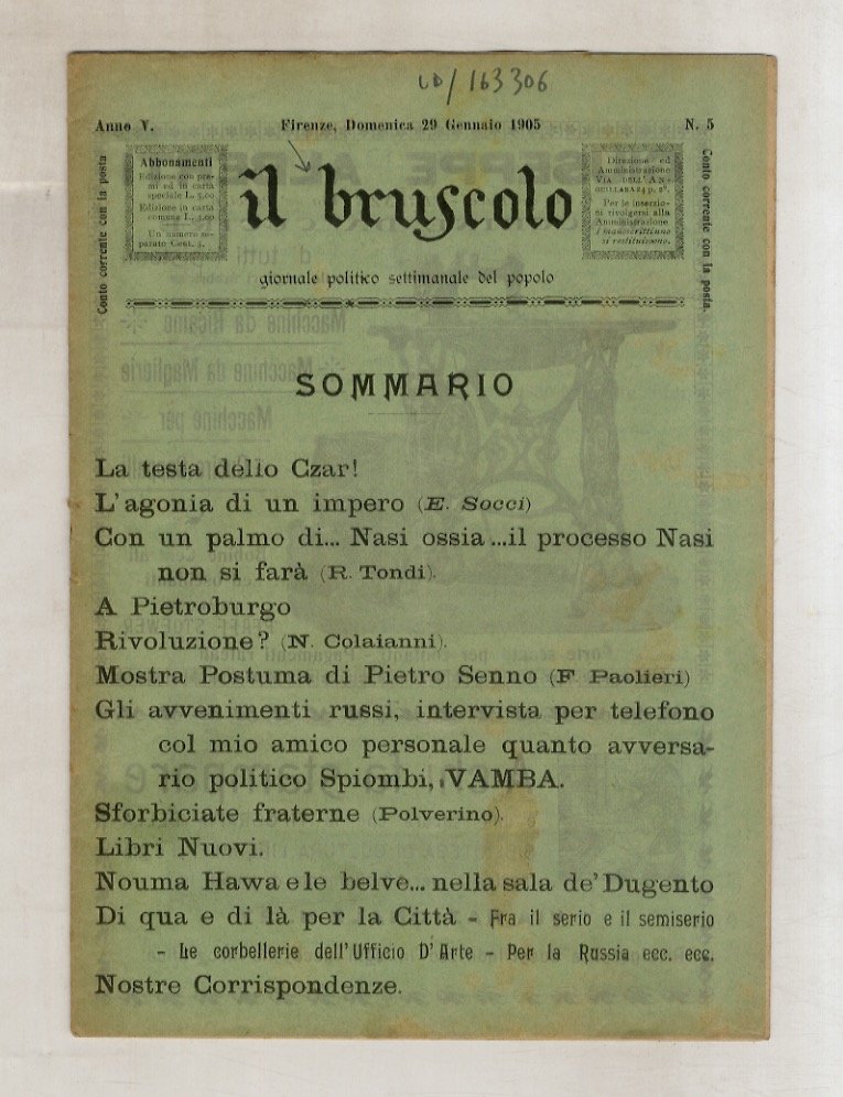 BRUSCOLO (IL) giornale politico settimanale del popolo. Anno V. N. …