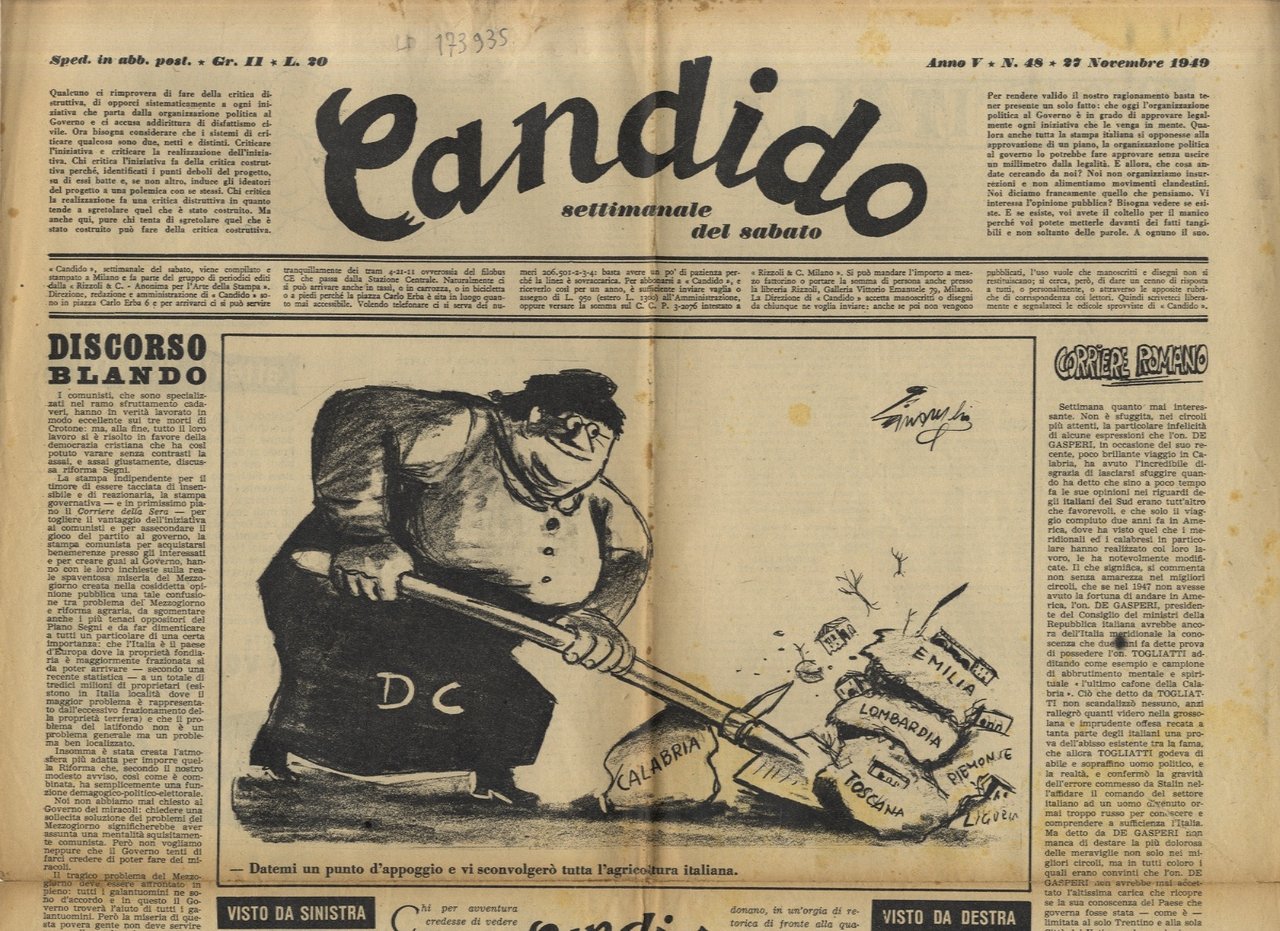 CANDIDO. Settimanale del sabato. Direttori: Giovanni Mosca e Giovannino Guareschi. …