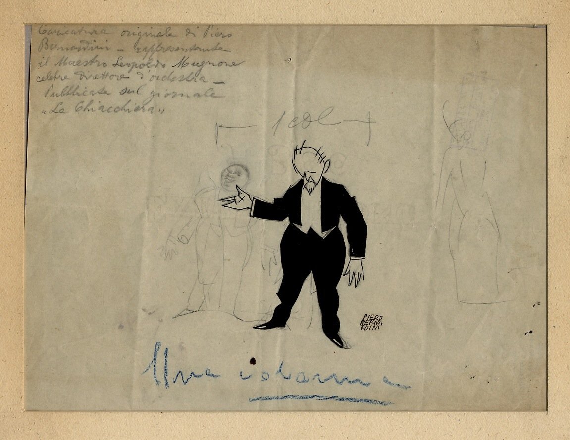 Caricatura originale raffigurante il maestro Leopoldo Mugnone [Napoli 1858-1941], celebre …