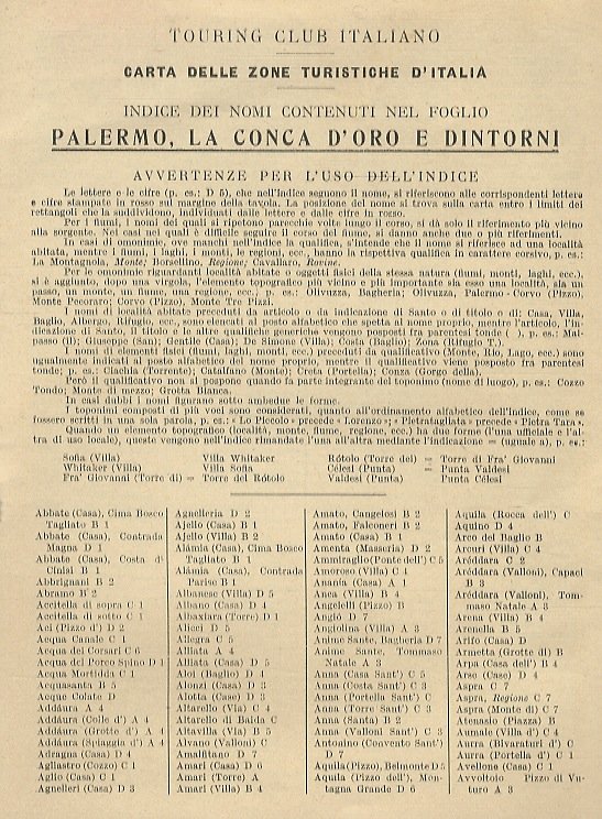 Carta delle zone turistiche d'Italia: Palermo, la Conca d'Oro e dintorni. Scala 1:50.000.