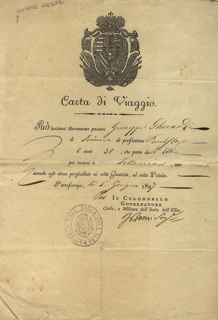Carta di viaggio. Può lasciarsi liberamente passare Giuseppe Gherardi di …