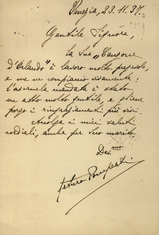 Cartolina postale manoscritta autografa, firmata, indirizzata a Elda [Bossi] Maranini, …