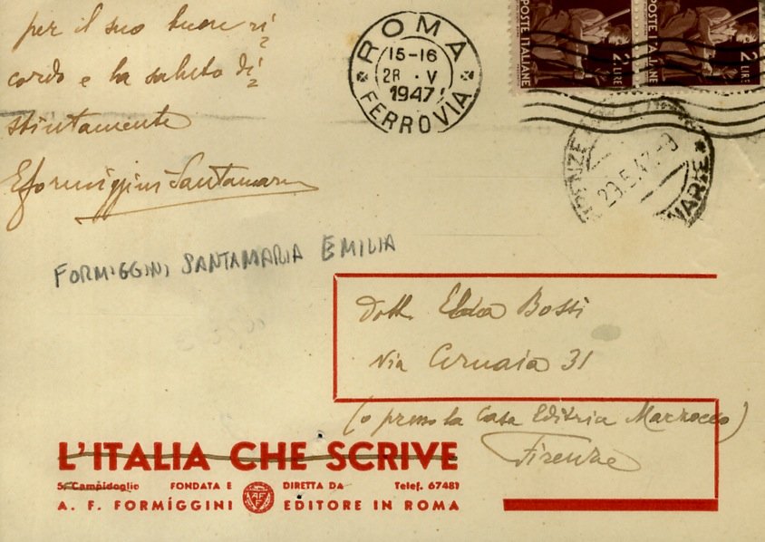 Cartolina postale manoscritta autografa, firmata, indirizzata a Elda Bossi, via …