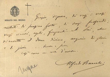 Cartolina postale manoscritta autografa, firmata. Indirizzata alla scrittrice Elda Bossi. …