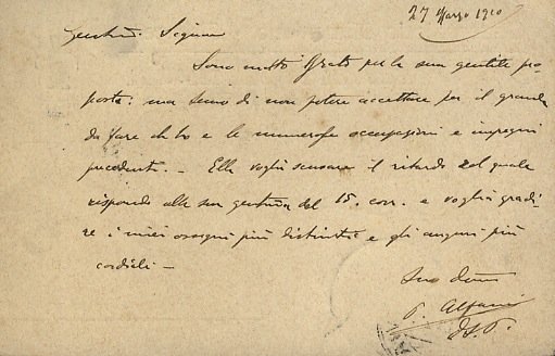 Cartolina postale manoscritta firmata, inviata al Sig. D. Silvio Paoletti …