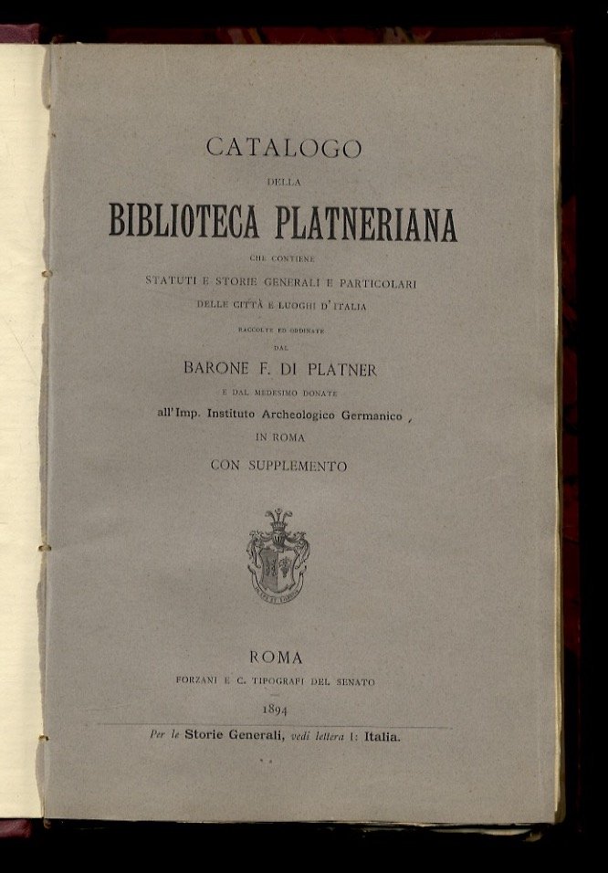 Catalogo della Biblioteca Platneriana che contiene statuti e storie generali … | Immagine principale