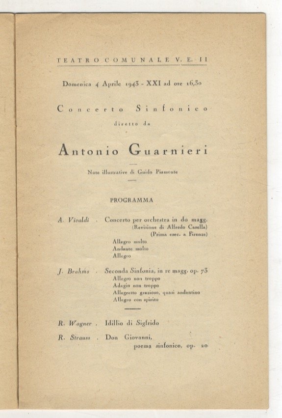 Concerto Sinfonico diretto da Antonio Guarnieri. Teatro Comunale, 4 Aprile …