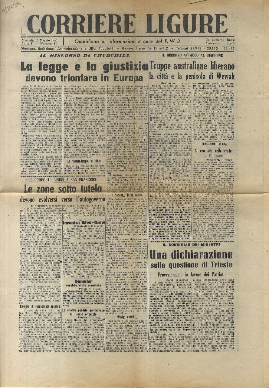 CORRIERE Ligure. Quotidiano di informazioni a cura del P.W.B. Anno …