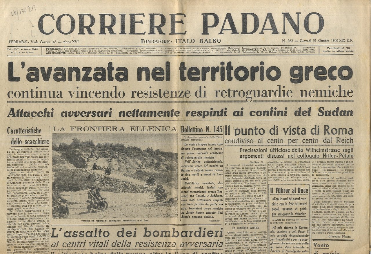 CORRIERE Padano. Fondatore Italo Balbo. Anno XVI. N. 262, giovedì …