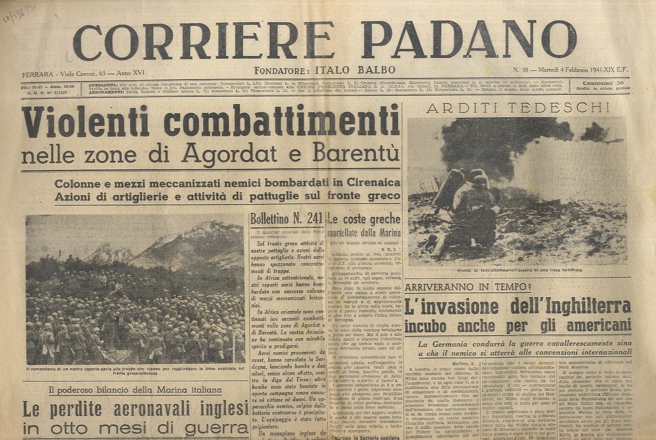 CORRIERE Padano. Fondatore Italo Balbo. Anno XVI. N. 30, martedì …