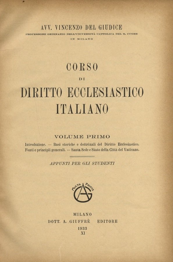 Corso di diritto ecclesiastico italiano. Vol. I: Introduzione - Basi …