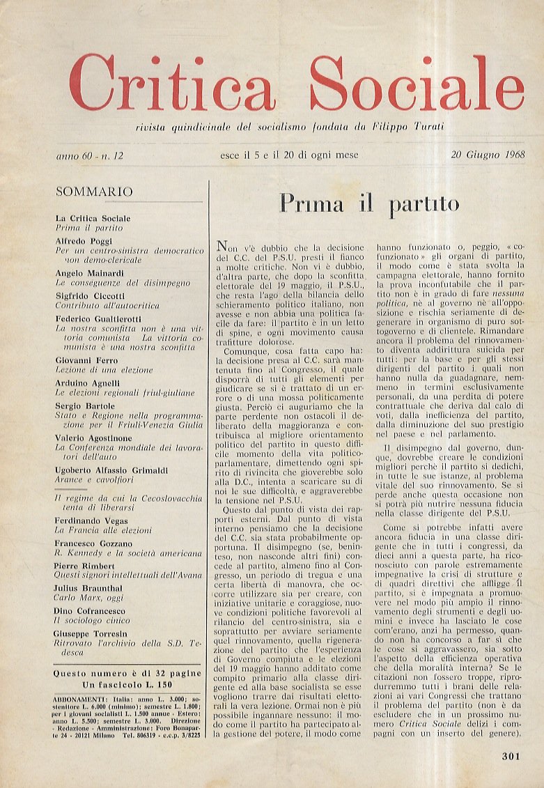 CRITICA Sociale. Rivista quindicinale del socialismo fondata da Filippo Turati. …