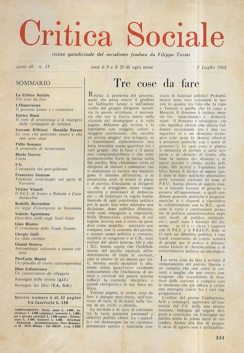 CRITICA Sociale. Rivista quindicinale del socialismo fondata da Filippo Turati. …