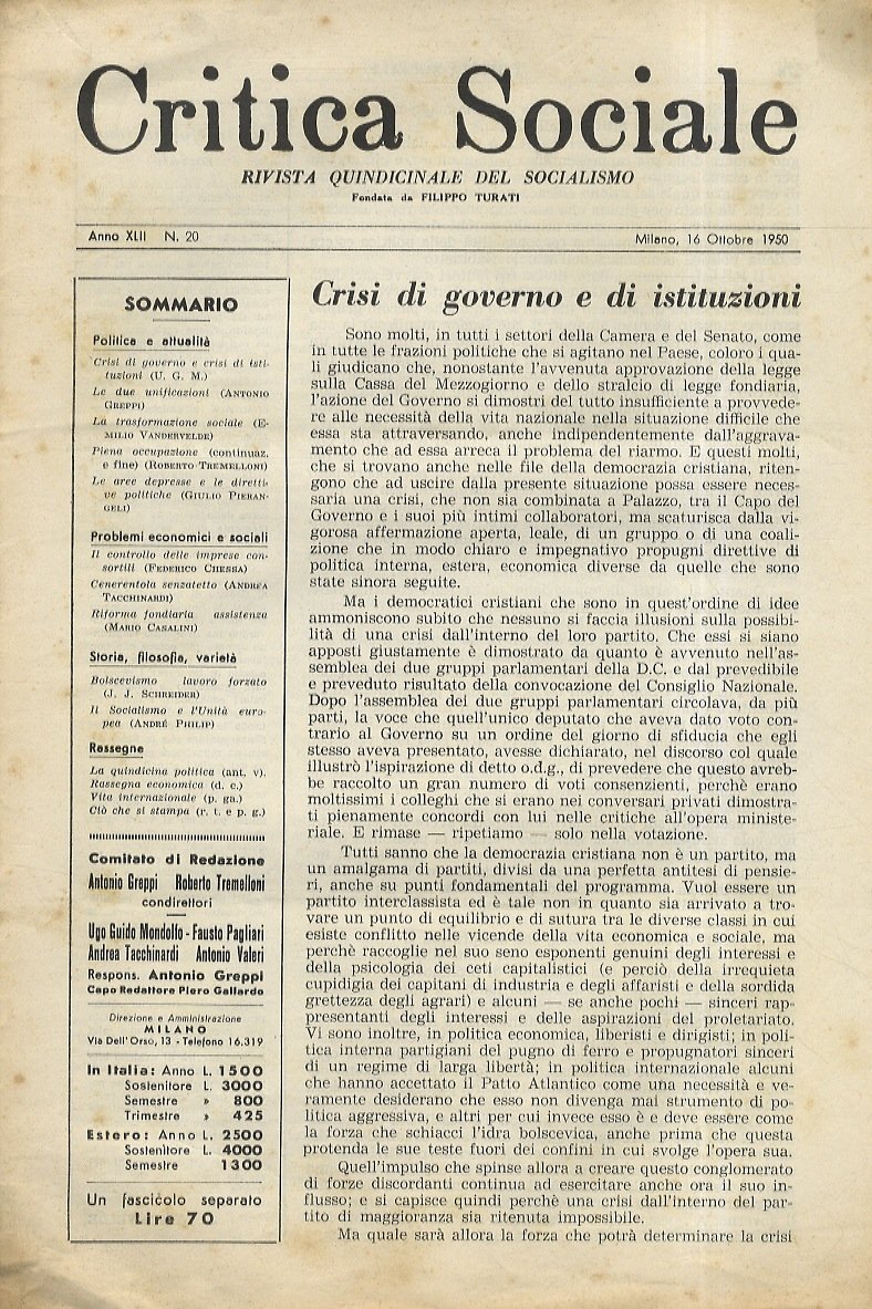 CRITICA Sociale. Rivista quindicinale del Socialismo, fondata da Filippo Turati. …