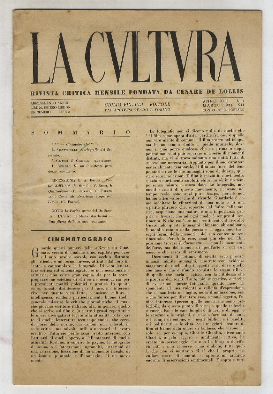 CULTURA (LA). Rivista fondata da Cesare De Lollis. Anno XIII, …