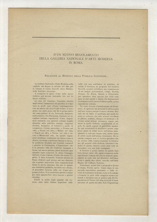 D'un nuovo regolamento della Galleria Nazionale d'Arte Moderna in Roma. …