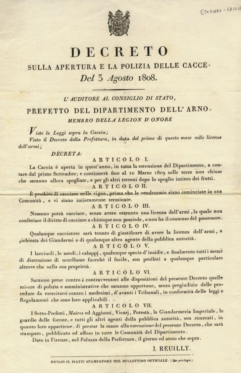 Decreto sulla apertura e la polizia delle cacce del 3 … | Immagine principale