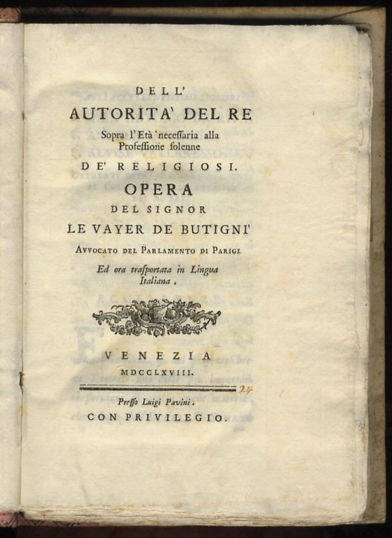 Dell'autorità del re sopra l'età necessaria alla professione solenne de' …