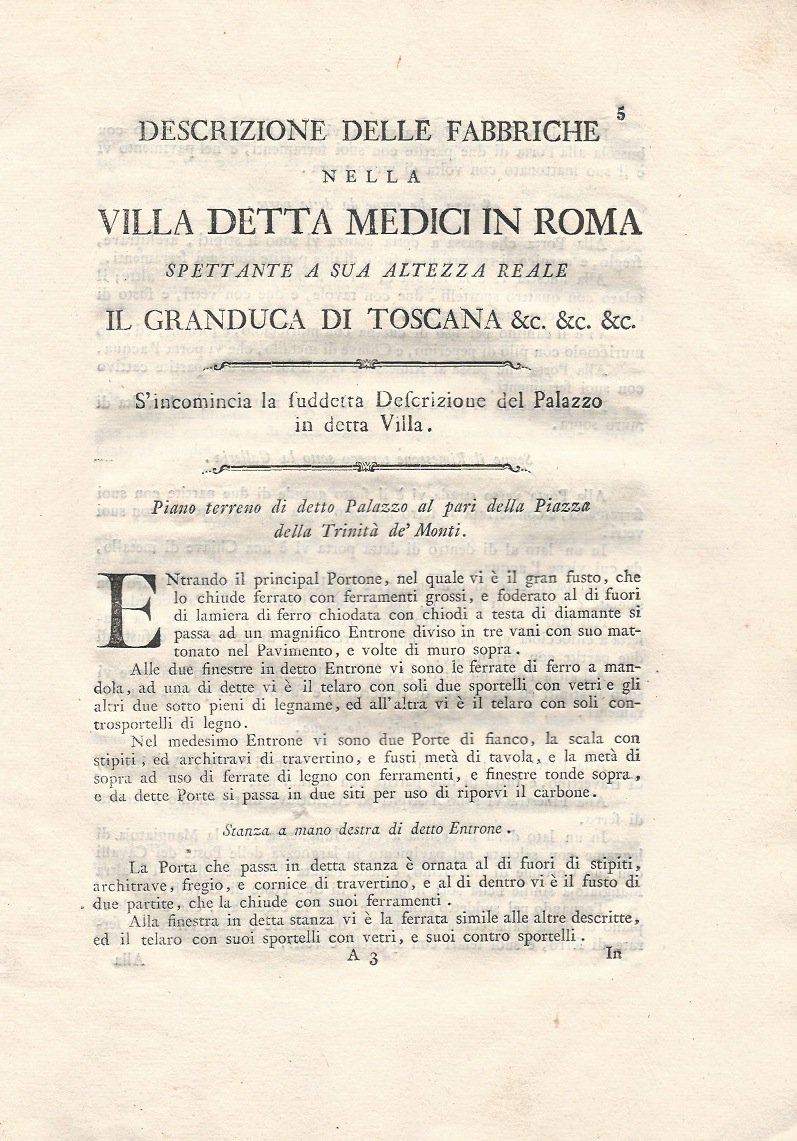 DESCRIZIONE delle fabbriche nella villa detta Medici in Roma spettante …
