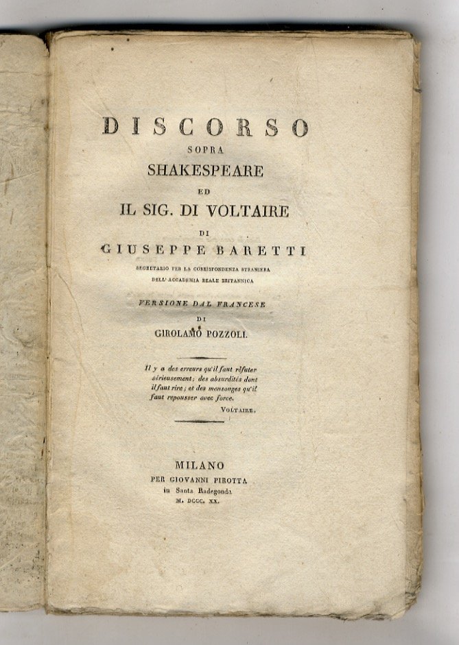 Discorso sopra Shakespeare ed il sig. di Voltaire di Giuseppe … | Immagine principale