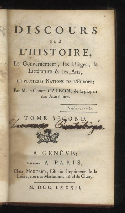 Discours sur l'Histoire, le Gouvernement, les Usages, la Littérature & …