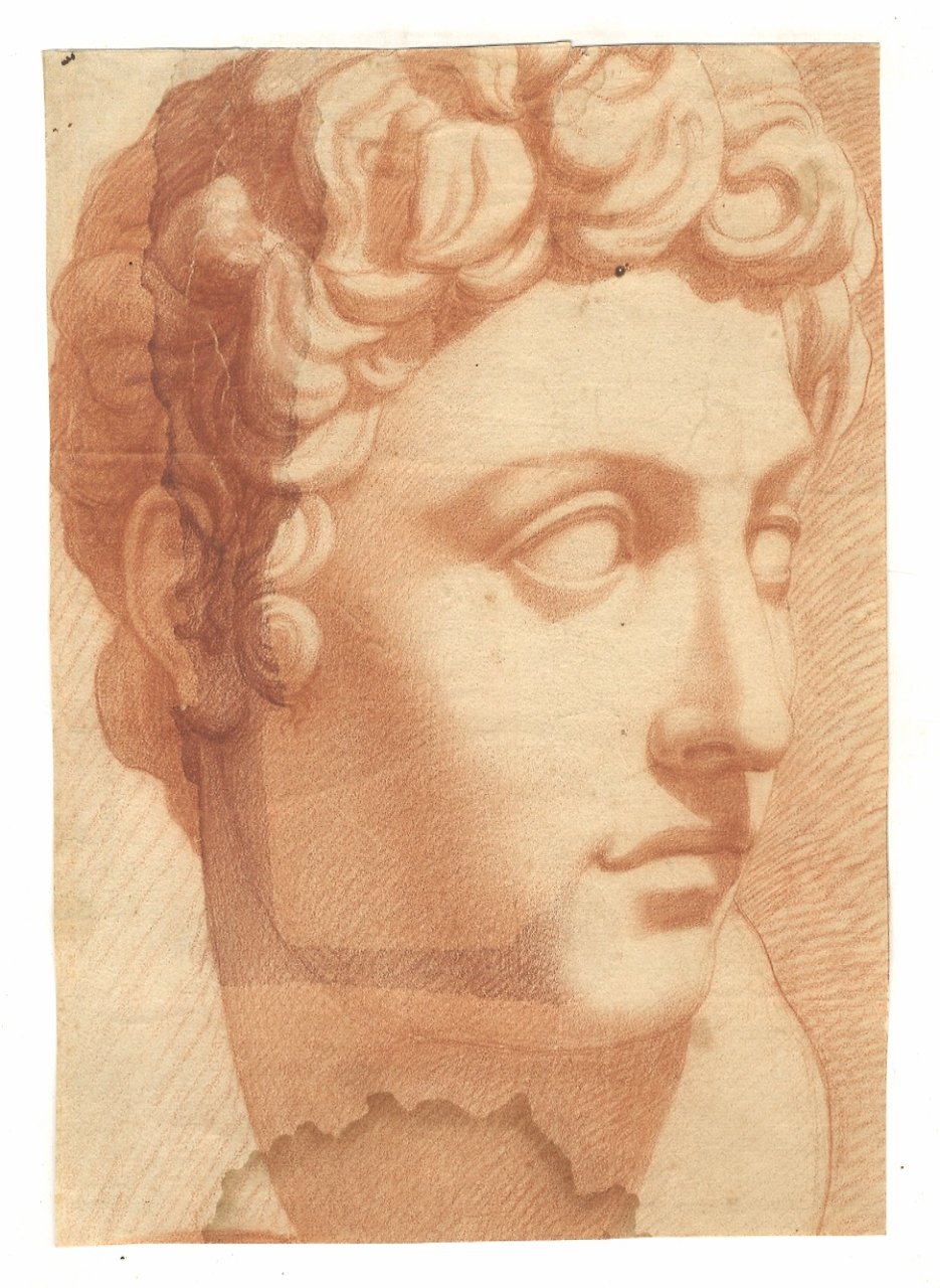 Disegno a matita sanguigna, raffigurante un volto maschile, ripreso da …