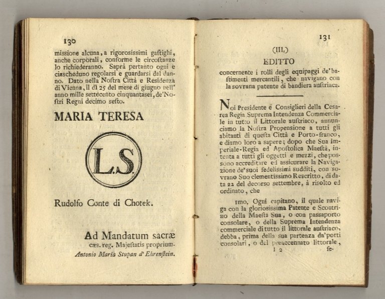 EDITTO politico di navigazione mercantile austriaca in data di Vienna, …