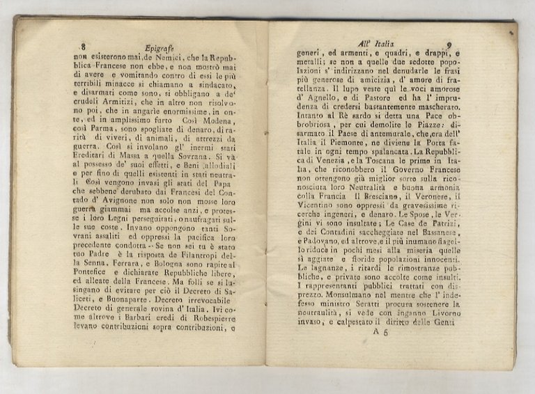 Epigrafe all'Italia. Patientia laesa fit furor. 1796. Seconda edizione romana.