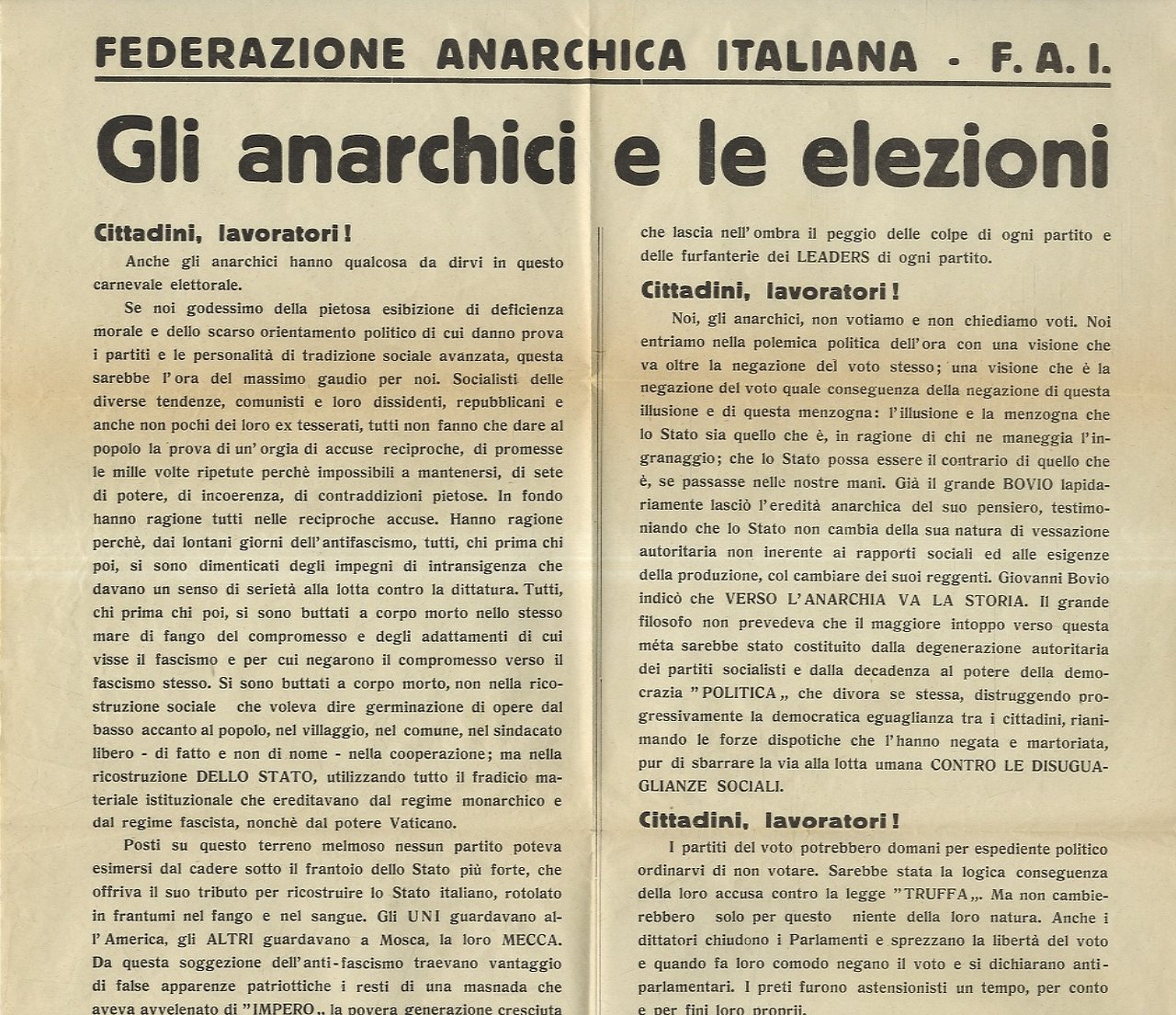 FEDERAZIONE Anarchica Italiana. F.A.I. Gli Anarchici e le elezioni [.].