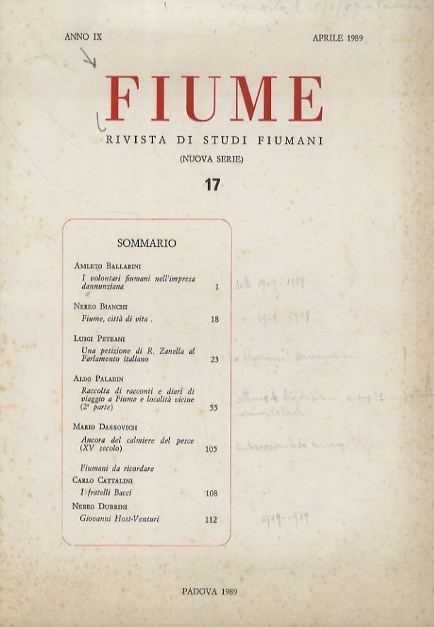 FIUME. Rivista di studi fiumani (Nuova serie) 17. Aprile 1989.
