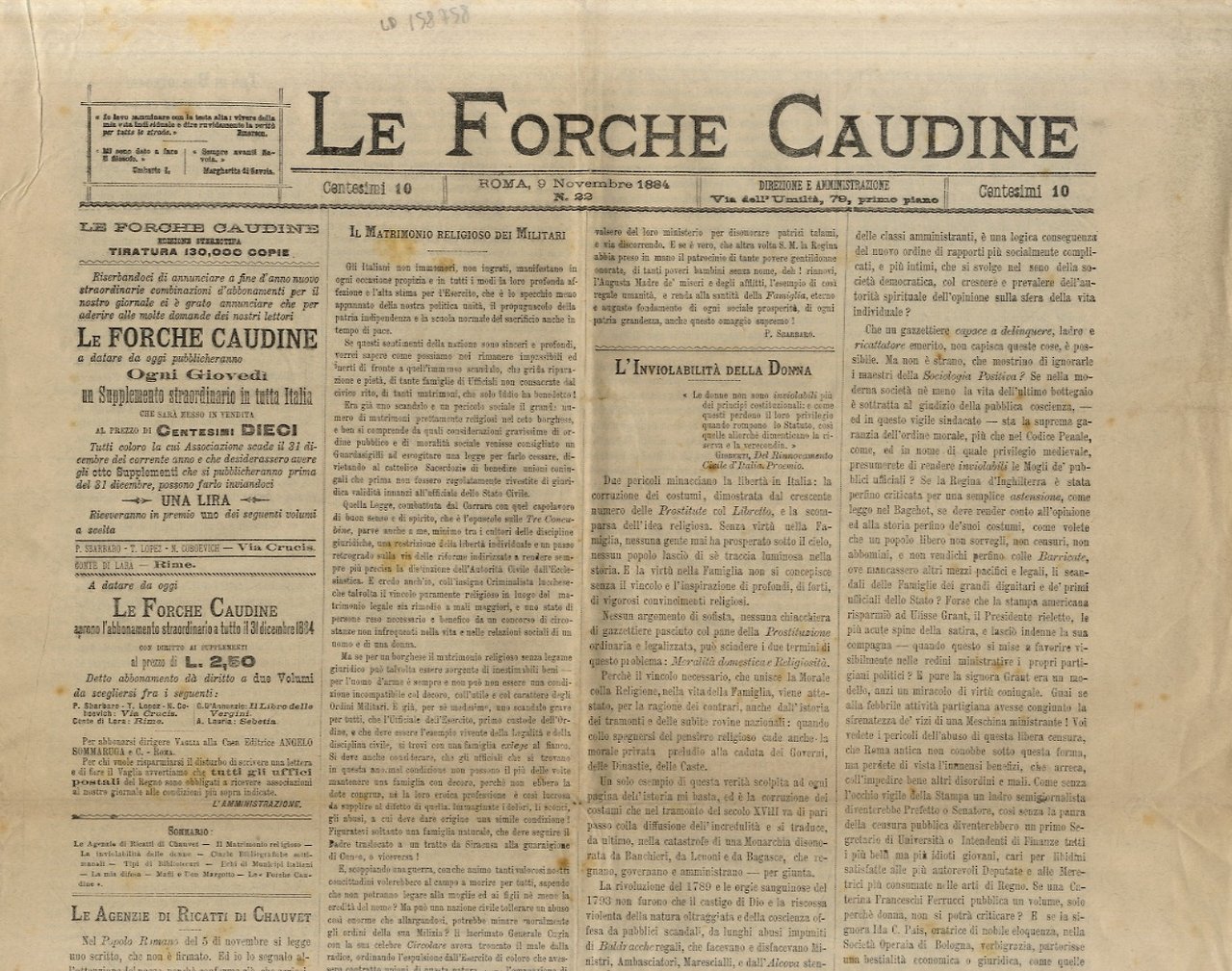 FORCHE (LE) Caudine. N. 22. Roma, 9 novembre 1884.