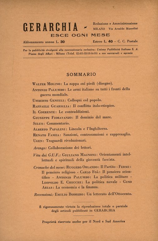 GERARCHIA. Rassegna mensile della rivoluzione fascista. fondatore: Benito Mussolini. Anno …