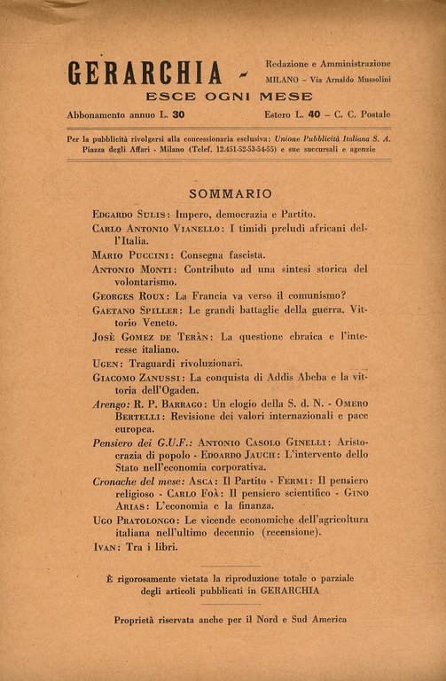 GERARCHIA. Rassegna mensile della rivoluzione fascista. fondatore: Benito Mussolini. Anno …