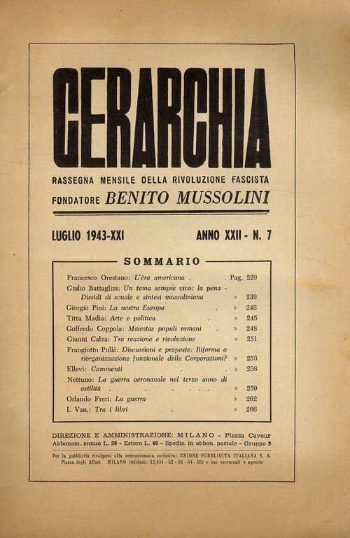 GERARCHIA. Rassegna mensile della rivoluzione fascista. fondatore: Benito Mussolini. Anno …