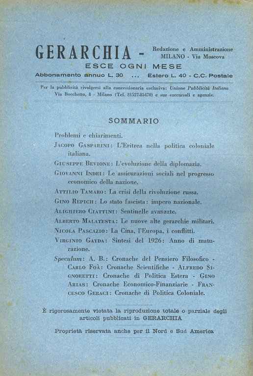 GERARCHIA. Rivista politica. Direttore: Benito Mussolini. Anno VII. 1927; numero …