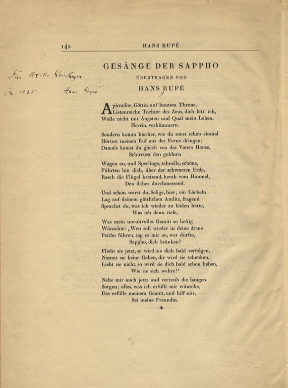 Gesänge der Sappho. übertragen von Hans Rupé. [segue: Höderlin F. …