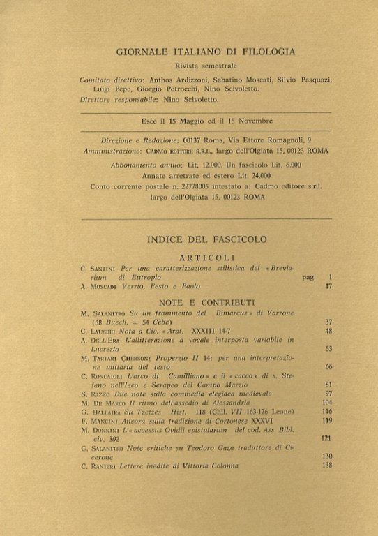 Giornale italiano di Filologia. Rivista semestrale. 15 Maggio 1979. (Segnaliamo …