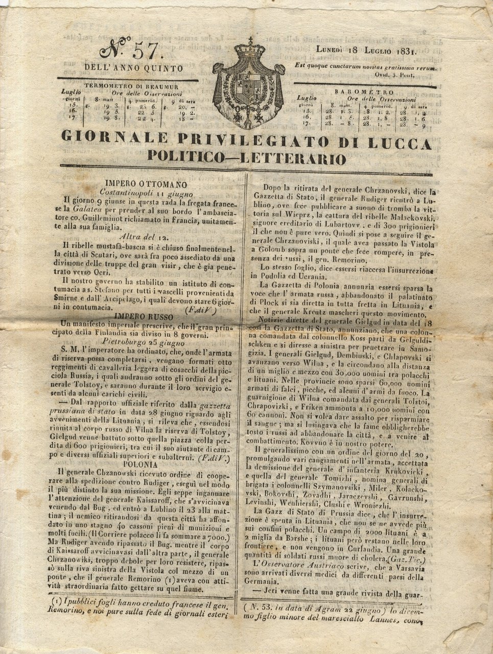 GIORNALE privilegiato di Lucca, politico-letterario. Anno quinto. 1831; fascicoli: 56, …