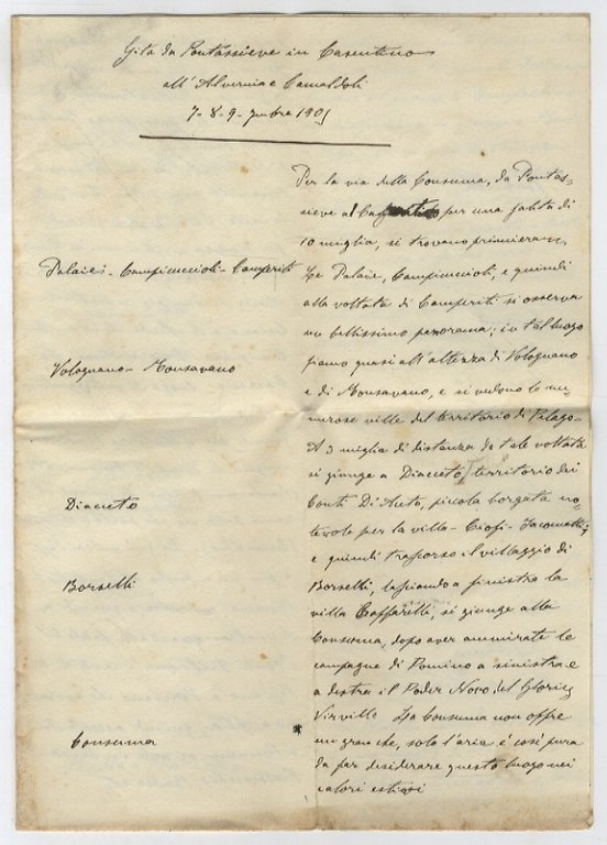 GITA da Pontassieve in Casentino, all'Alvernia e Camaldoli il 7, 8, 9 7mbre 1905