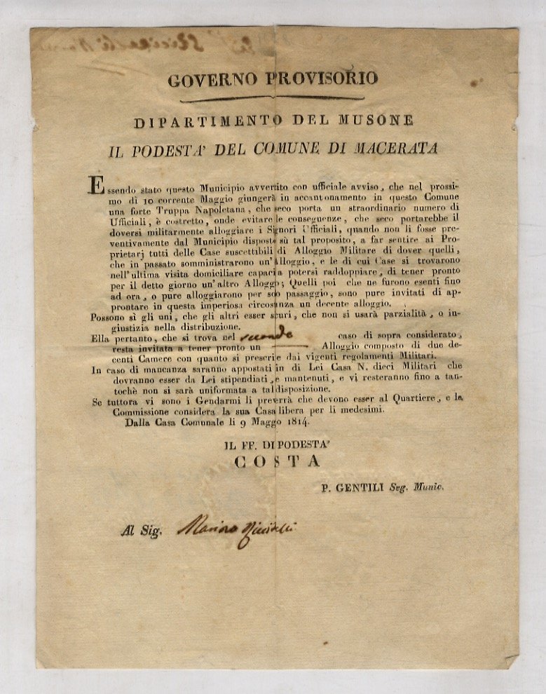 Governo Provisorio [sic]. Dipartimento del Musone. Il podestà del Comune …