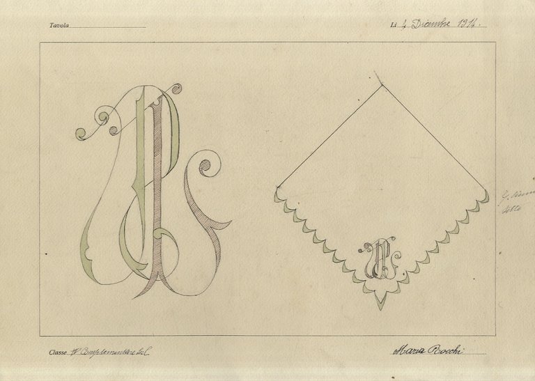 Gruppo di 10 disegni per ricamo a soggetto floreale od ornamentale, o cifre intrecciate per fazzoletti; realizzati a china e acquarello su fogli riquadrati a mano di formato cm. 25 x 38, salvo uno di cm. 27,5 x 38 su cartoncino (filigrane: "E.V.M. Raffaello", con tavolozza, e "G. Giotti").