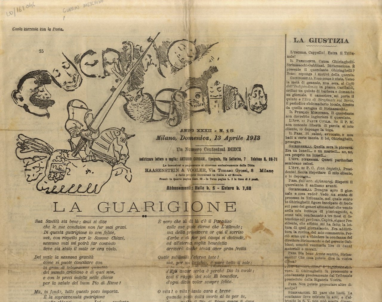 GUERIN Meschino. Anno XXXII. Num. 15. Milano, domenica 13 aprile …